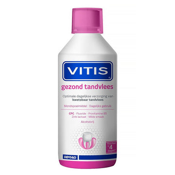 Vitis Gezond Tandvlees mondspoeling flacon met roze dop en tandlogo