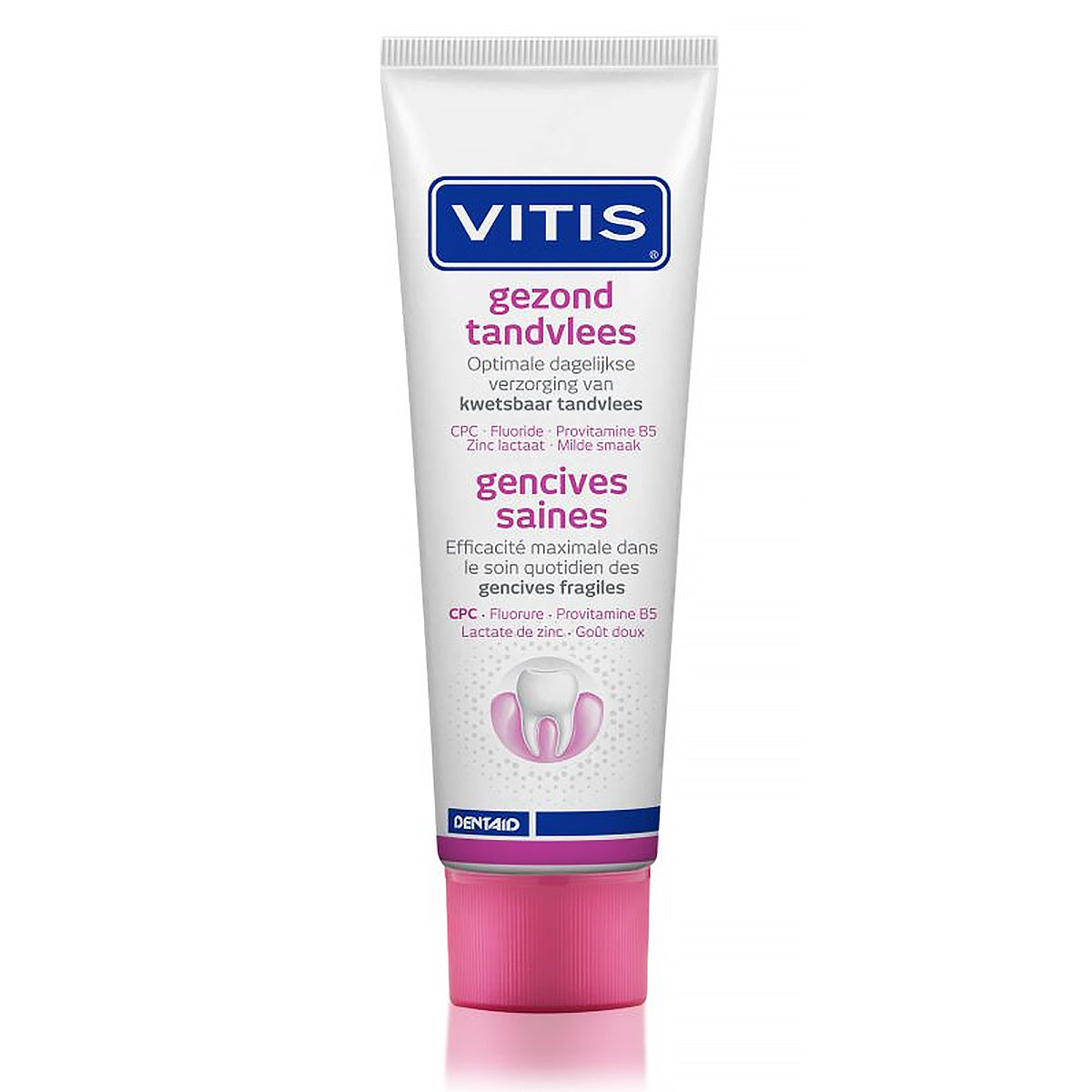 Vitis Gezond Tandvlees tandpasta tube met roze dop rechtop staand