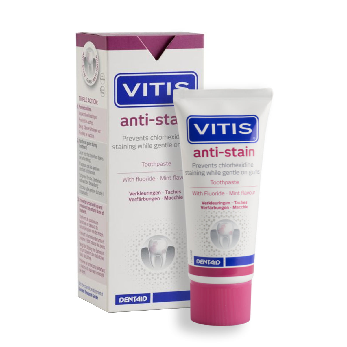 Vitis Anti-Stain tandpasta verpakking en tube met roze dop naast elkaar