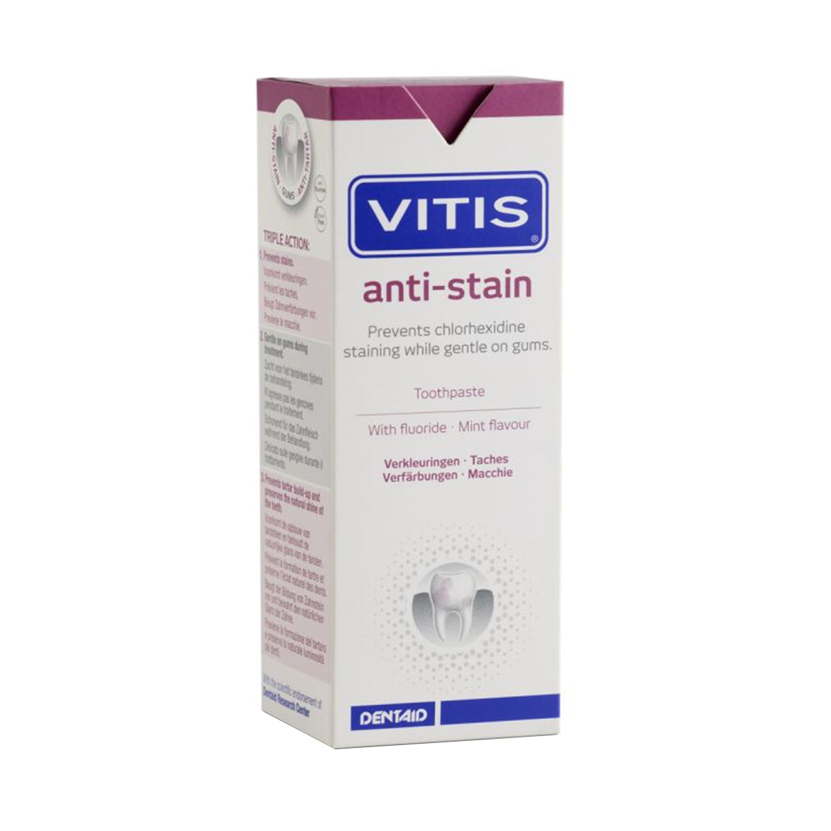 Vitis Anti-Stain tandpasta verpakking zijaanzicht met tekst tegen verkleuringen