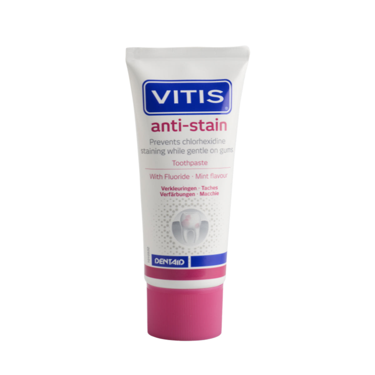 Vitis Anti-Stain tandpasta tube met roze dop tegen witte achtergrond