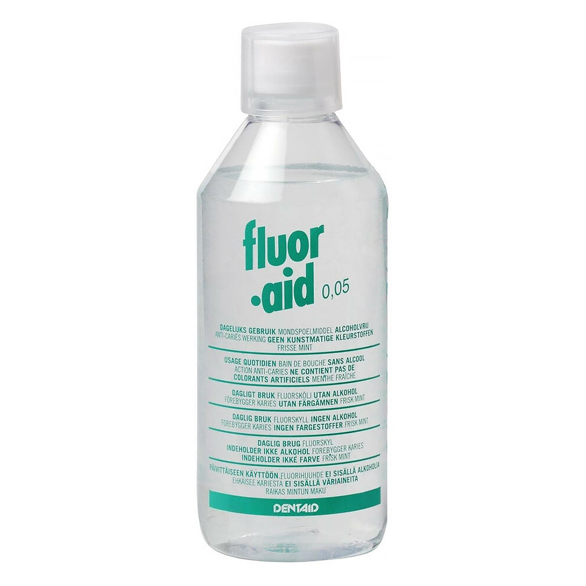 Dentaid Fluor.Aid 0,05 mondspoelmiddel fles met tekst frisse mint alcoholvrij