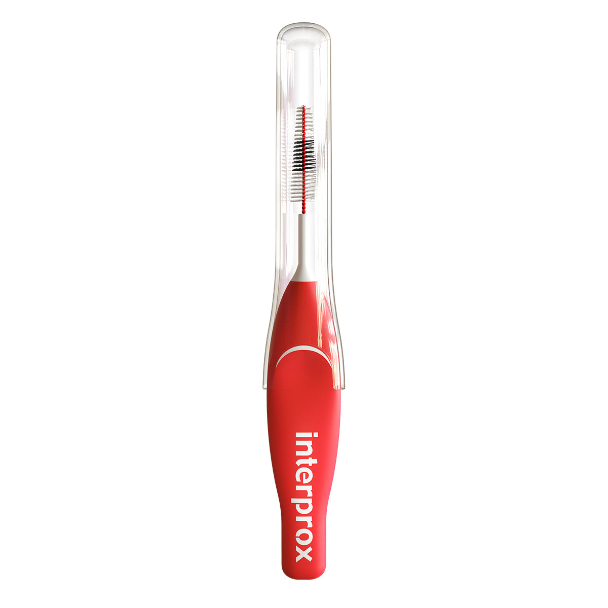 Interprox PHD 1,2 Mini Conical rijgborstel met rode beschermkap op houder