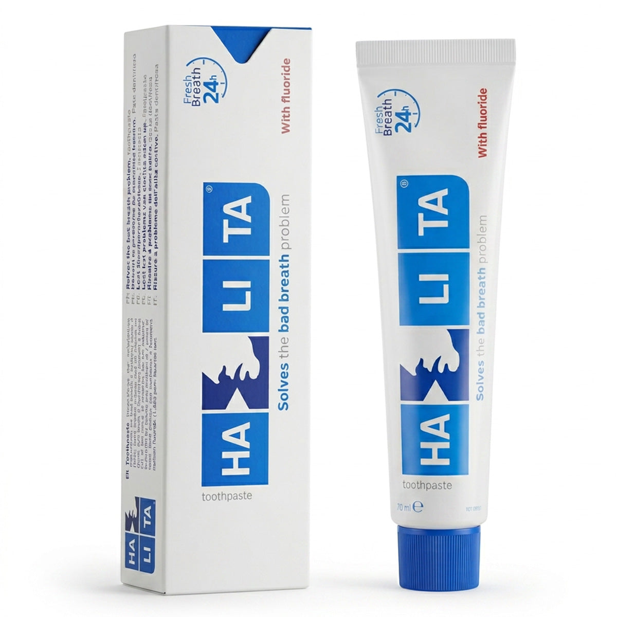 Halita fluoride tandpasta verpakking en tube met blauwe dop naast elkaar