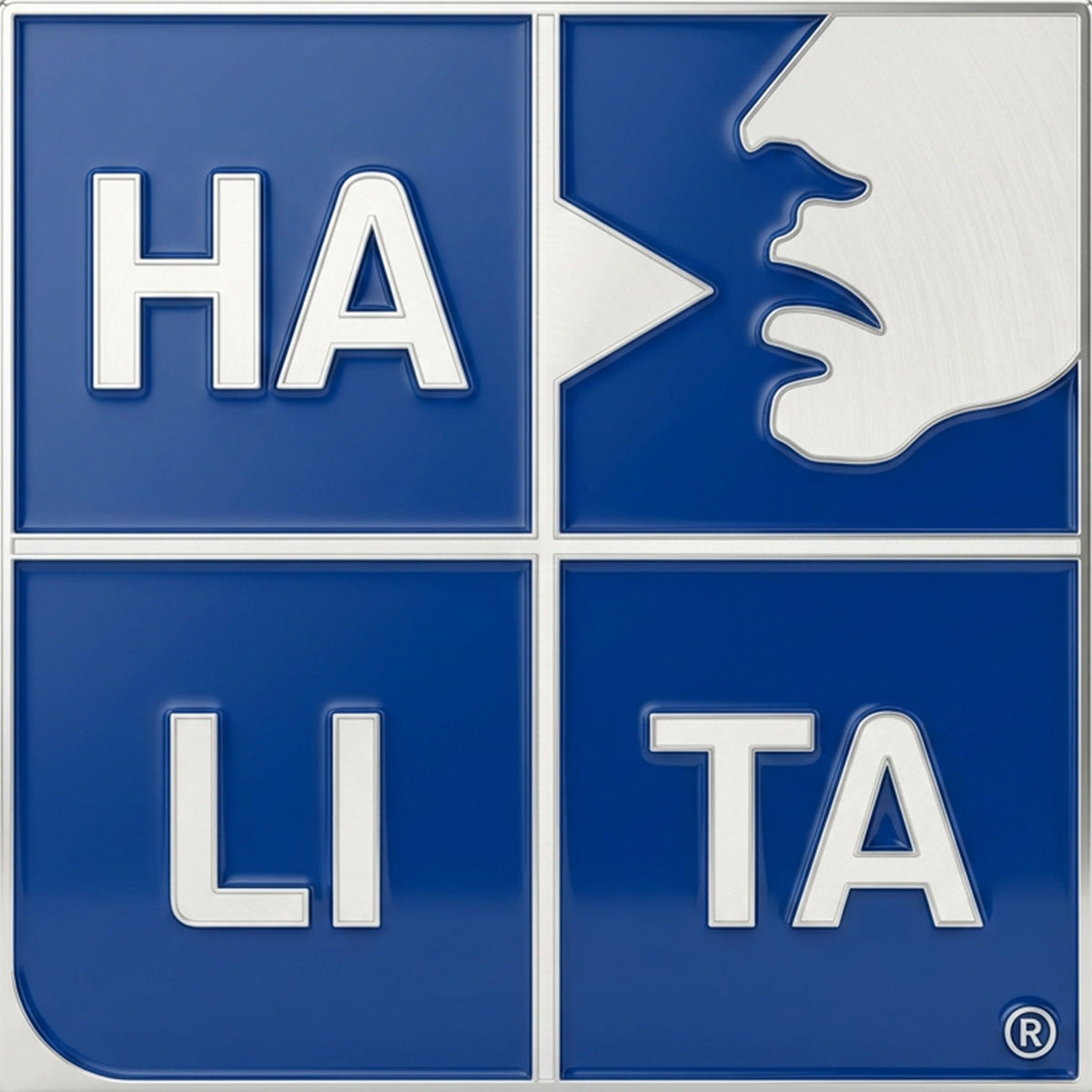 Halita logo met blauwe vakken en profiel van gezicht met ademwolk