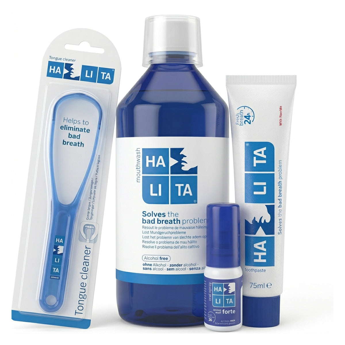 Halita tongreiniger naast mondwater, tandpasta en forte spray tegen slechte adem