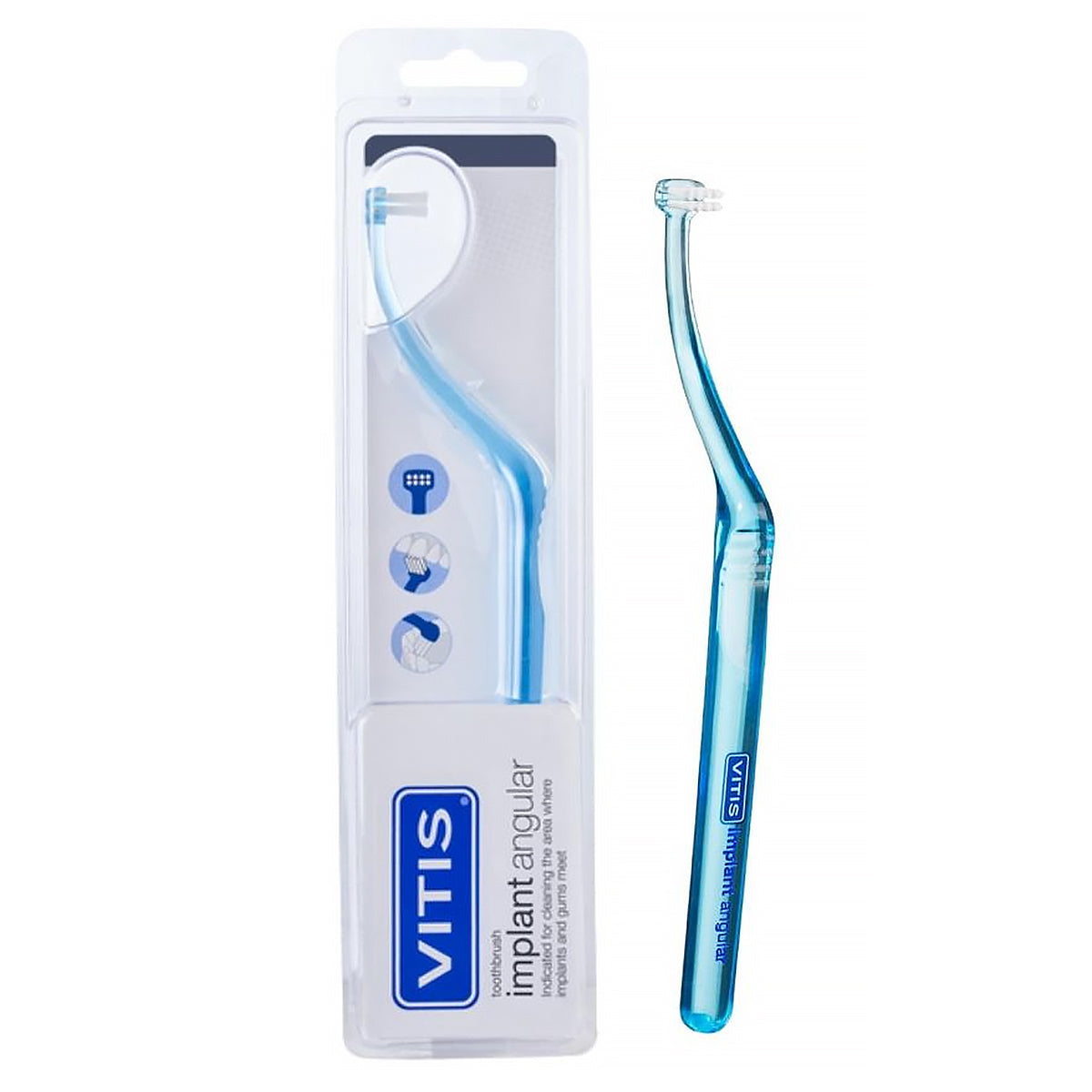 Vitis Implant Angular tandenborstel met blauwe hoekige kop, verpakking en los exemplaar