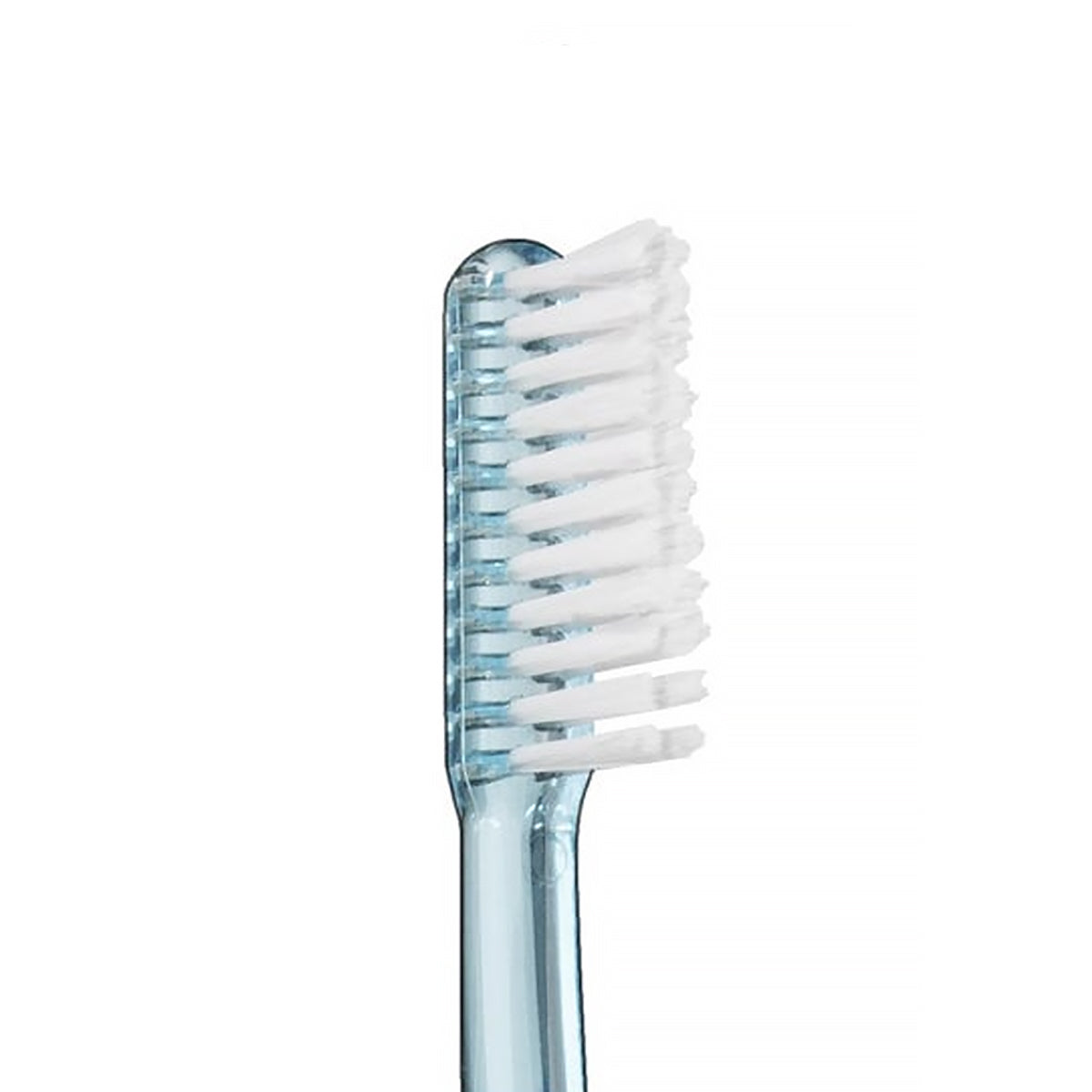 Vitis Implant Sulcular tandenborstel close-up van witte haren en blauwe kop