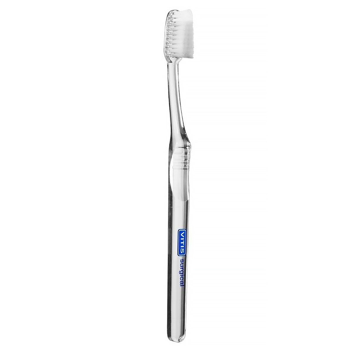 Vitis Surgical tandenborstel met transparante steel en witte haren zijaanzicht