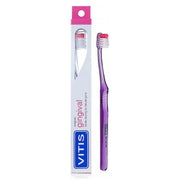 Vitis Gingival tandenborstel paars naast verpakking met roze accenten