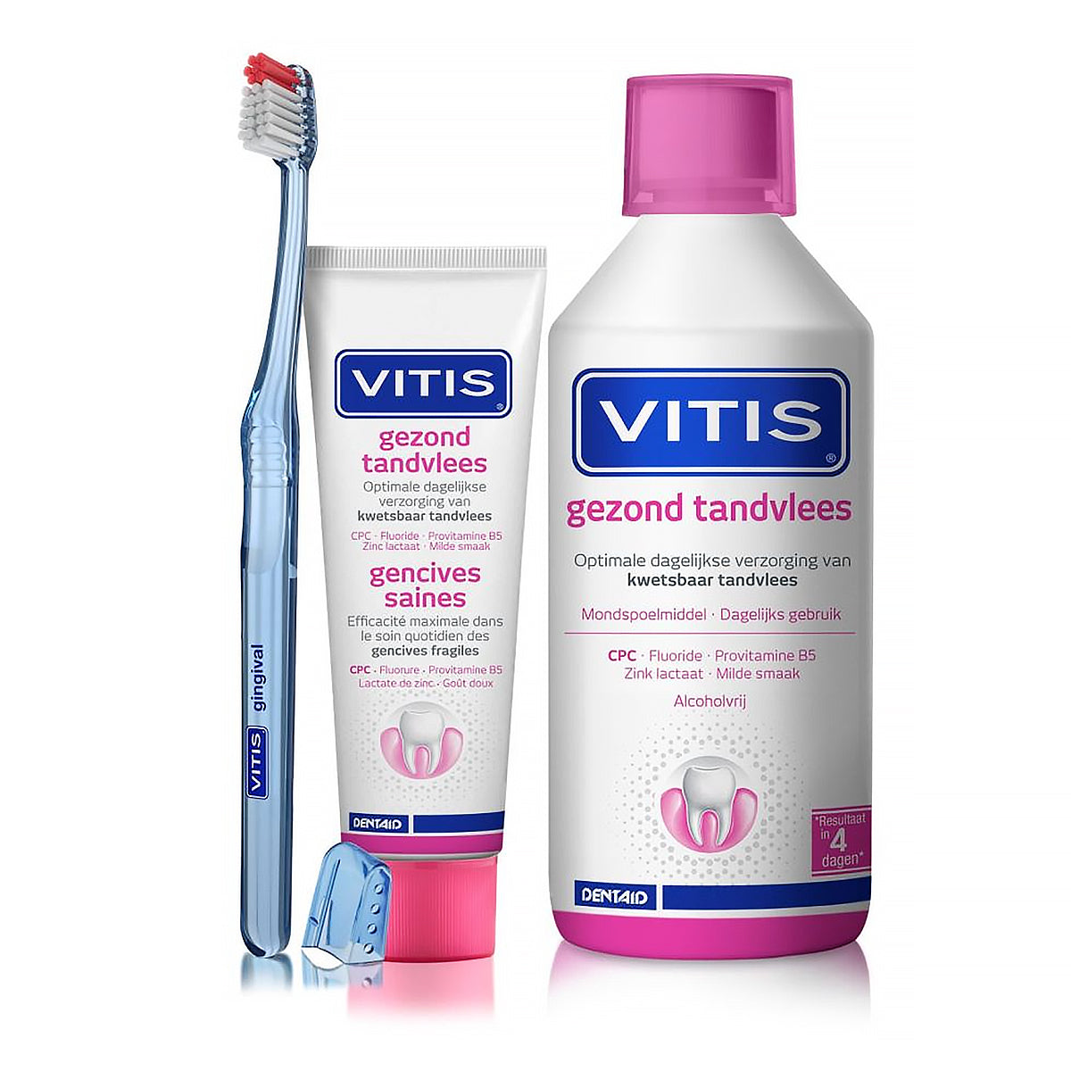 Vitis Gingival tandenborstel met Vitis tandpasta en mondspoelmiddel gezond tandvlees