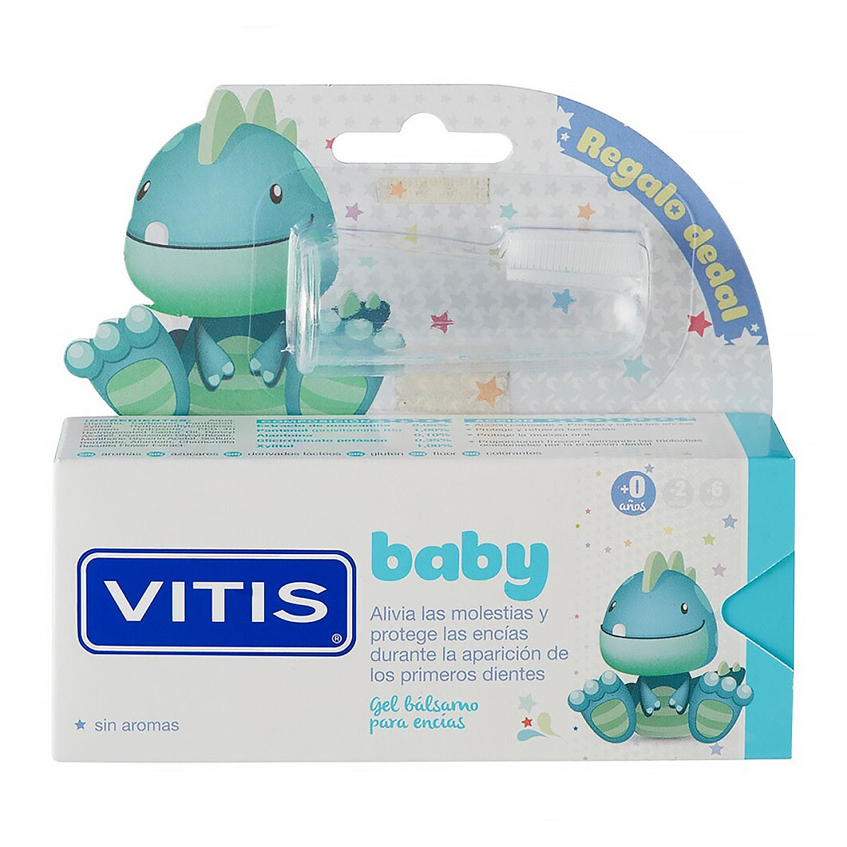 Vitis Baby Gel verpakking met dinosaurusfiguur en los vingertandenborsteltje