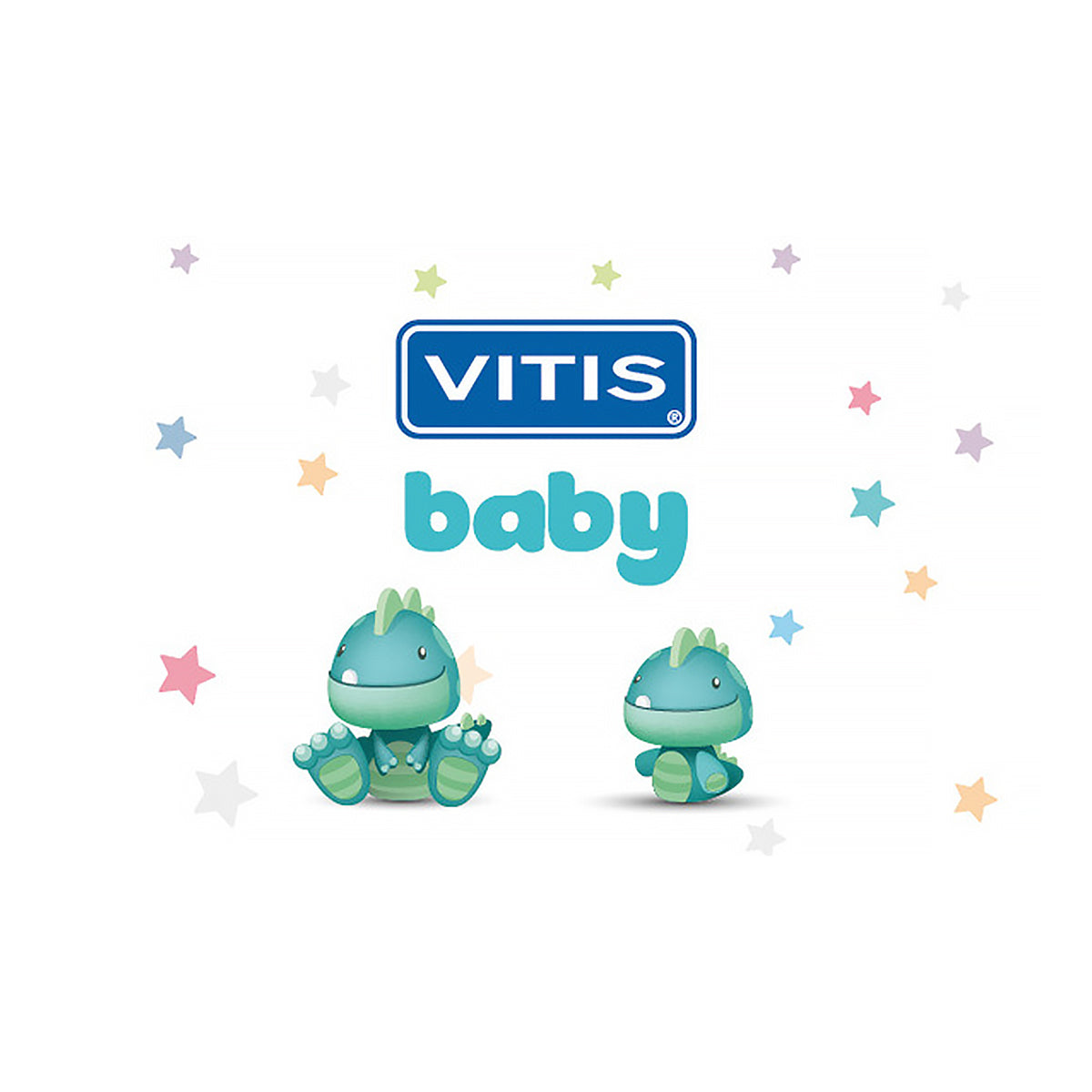 Vitis Baby logo met vrolijke dinosaurusfiguurtjes en gekleurde sterren