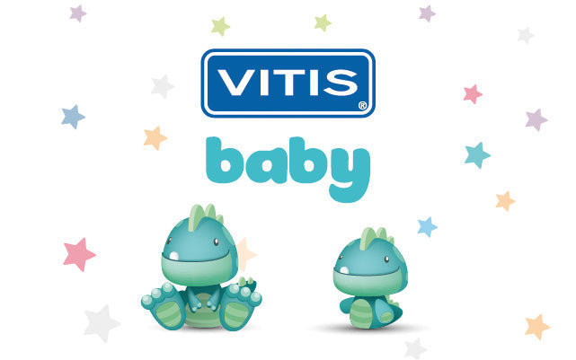 Vitis Baby logo met schattige groene dinosaurusfiguurtjes en gekleurde sterretjes