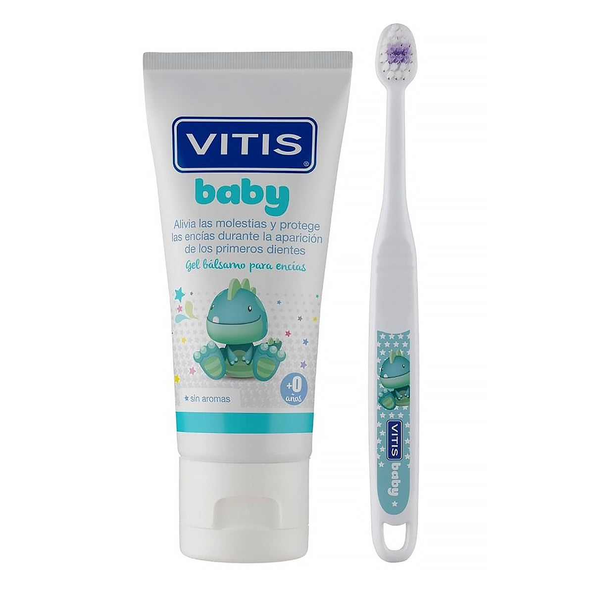 Vitis Baby tandenborstel naast tube tandgel met dinosaurusprint