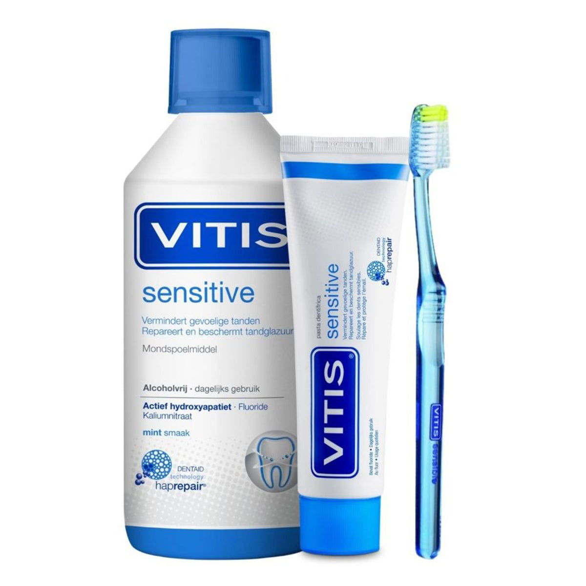 Vitis Sensitive mondspoelmiddel, tandpasta en tandenborstel als set