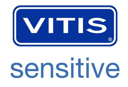 Vitis Sensitive tandpasta logo met blauwe letters op witte achtergrond