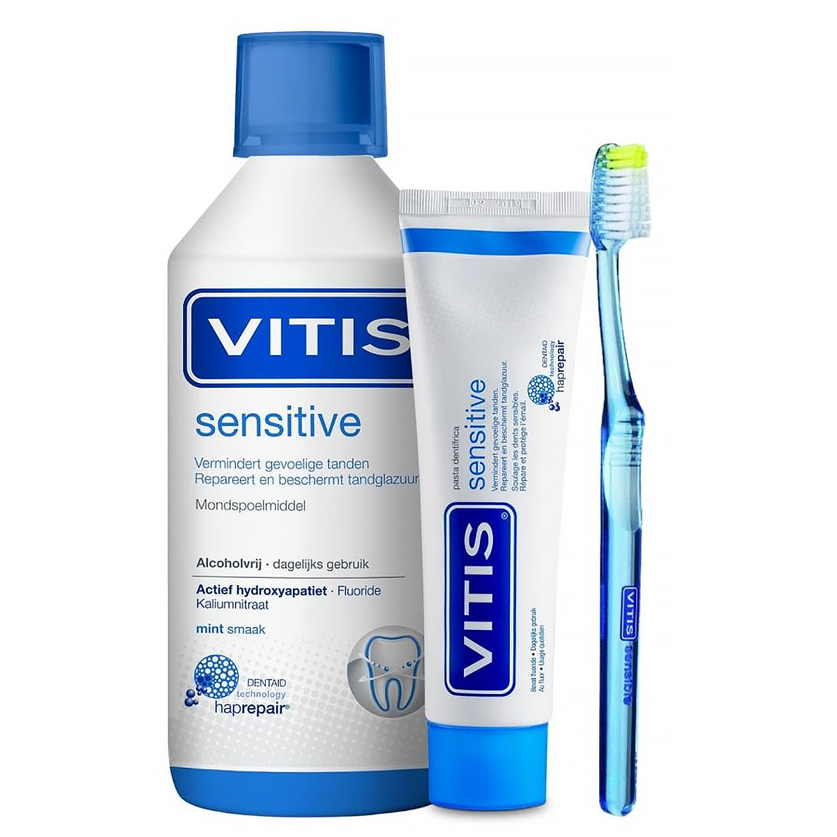 Vitis Sensitive mondspoelmiddel met bijpassende tandpasta en tandenborstel