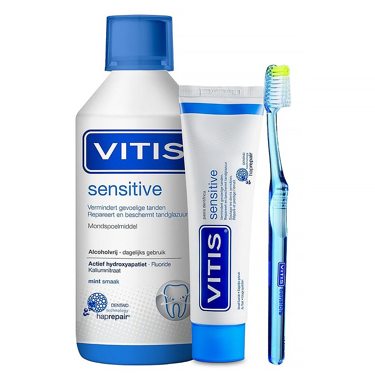 Vitis Sensitive mondspoelmiddel, tandpasta en tandenborstel samen als set