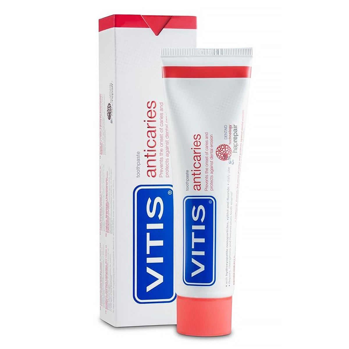 Vitis Anti-caries tandpasta wit-rode tube naast verpakkingsdoosje