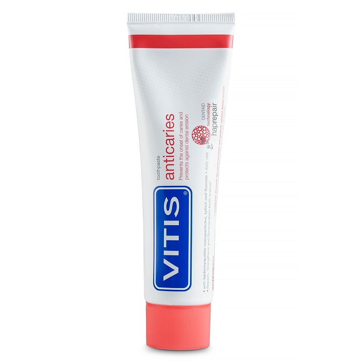 Vitis Anti-caries tandpasta tube met rode dop rechtop staand