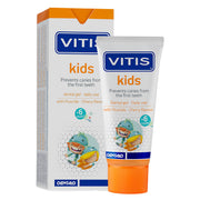 Vitis Kids Gel tandpasta doosje en tube met kersensmaak en fluoride