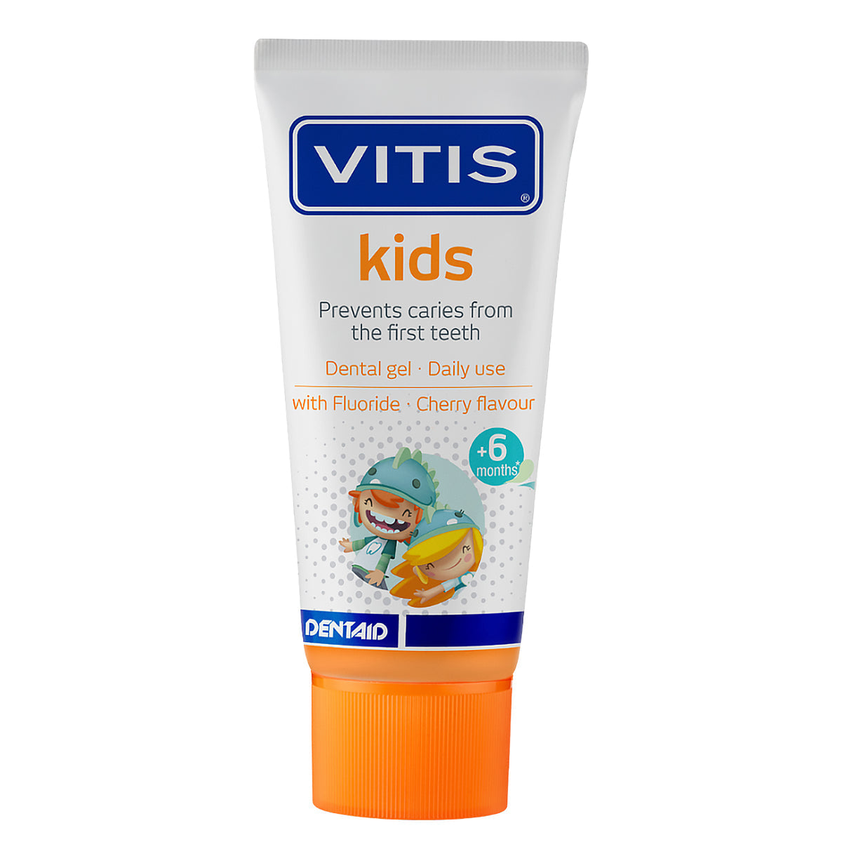 Vitis Kids Gel tandpasta tube met kindercartoons en oranje dop