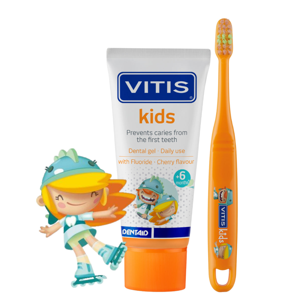 Vitis Kids Gel tandpasta met bijpassende oranje kindertandenborstel en mascotte