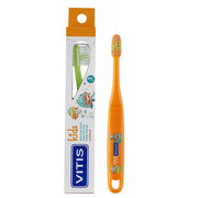 Vitis Kids tandenborstel oranje met verpakking en monstertjes illustratie