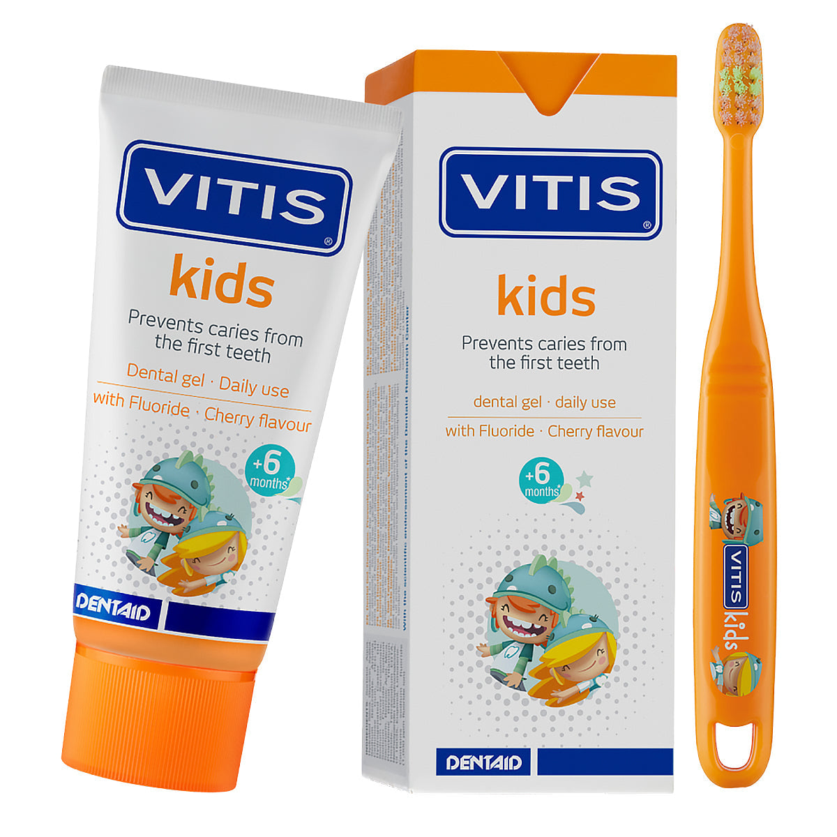 Vitis Kids tandenborstel met tandgel en verpakking in oranje kindermotief