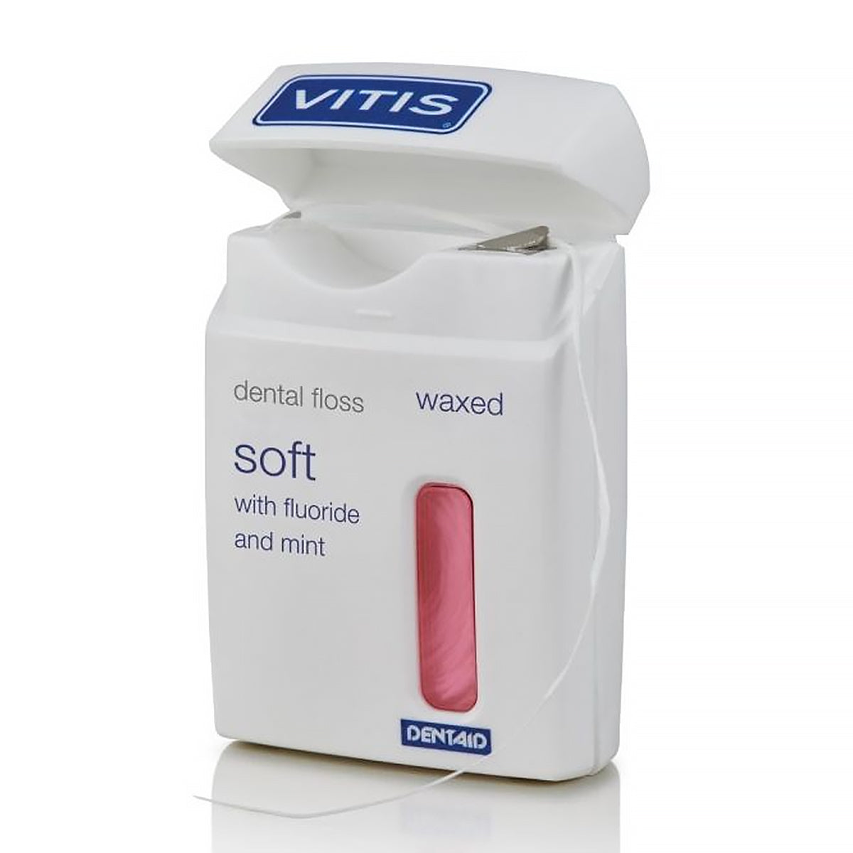 Vitis Floss waxed mint roze dispenser met open klepje en zichtbare draad