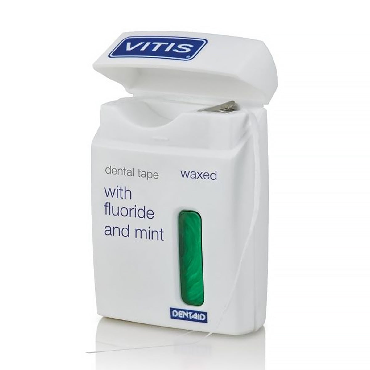 Vitis Tape waxed verpakking met opengeklapt deksel en zichtbare tanddraad