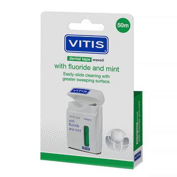 Vitis Tape waxed verpakking met fluoride en mint, groen doosje met dispenser