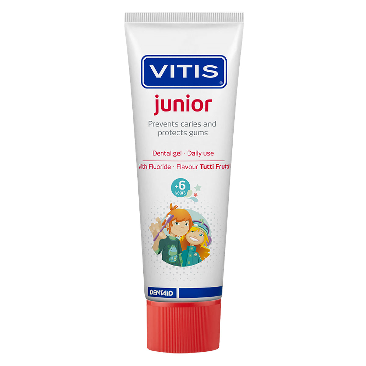Vitis Junior Gel tandpasta tube met rode dop en tutti frutti smaak
