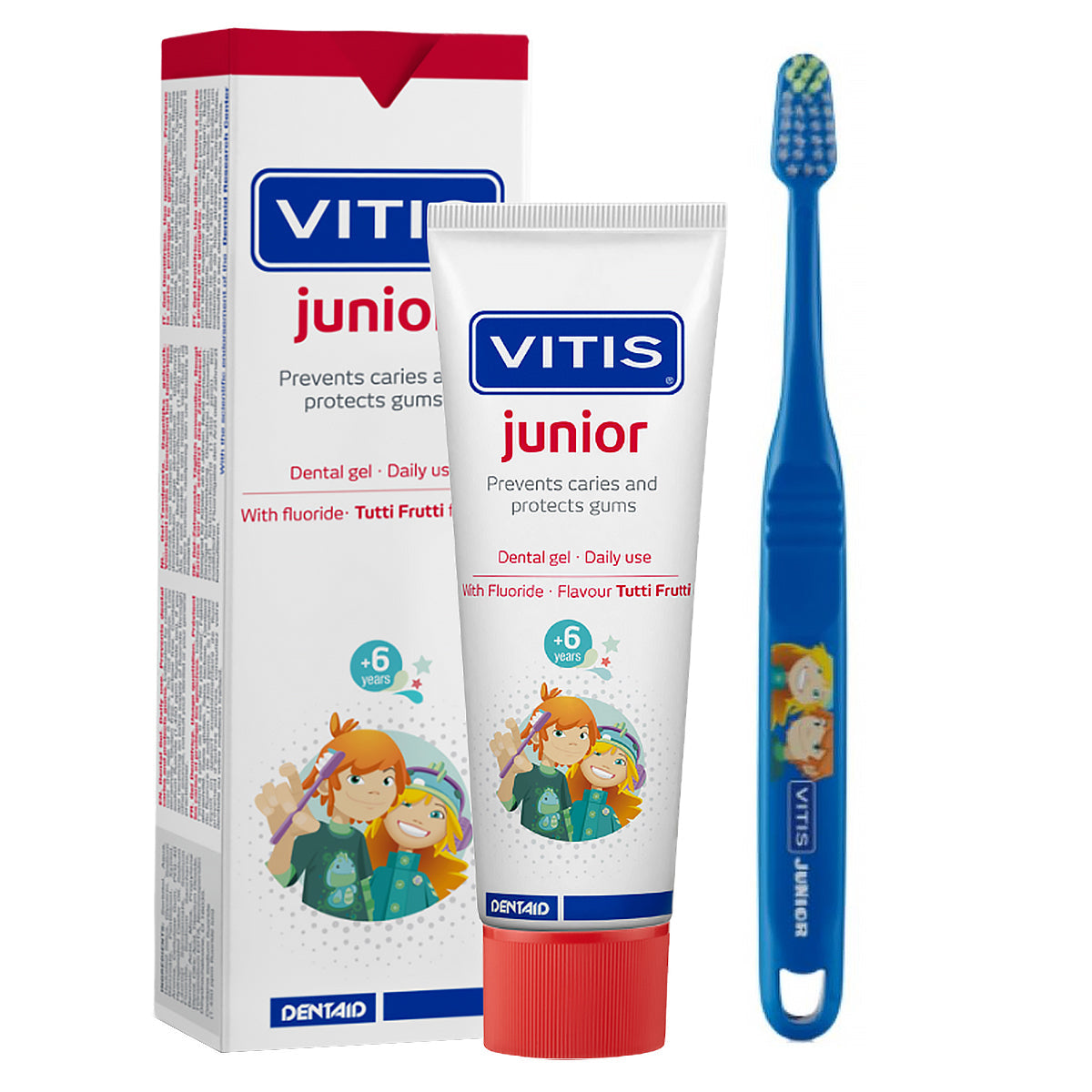 Vitis Junior Gel tandpasta met verpakking en bijpassende blauwe kindertandenborstel