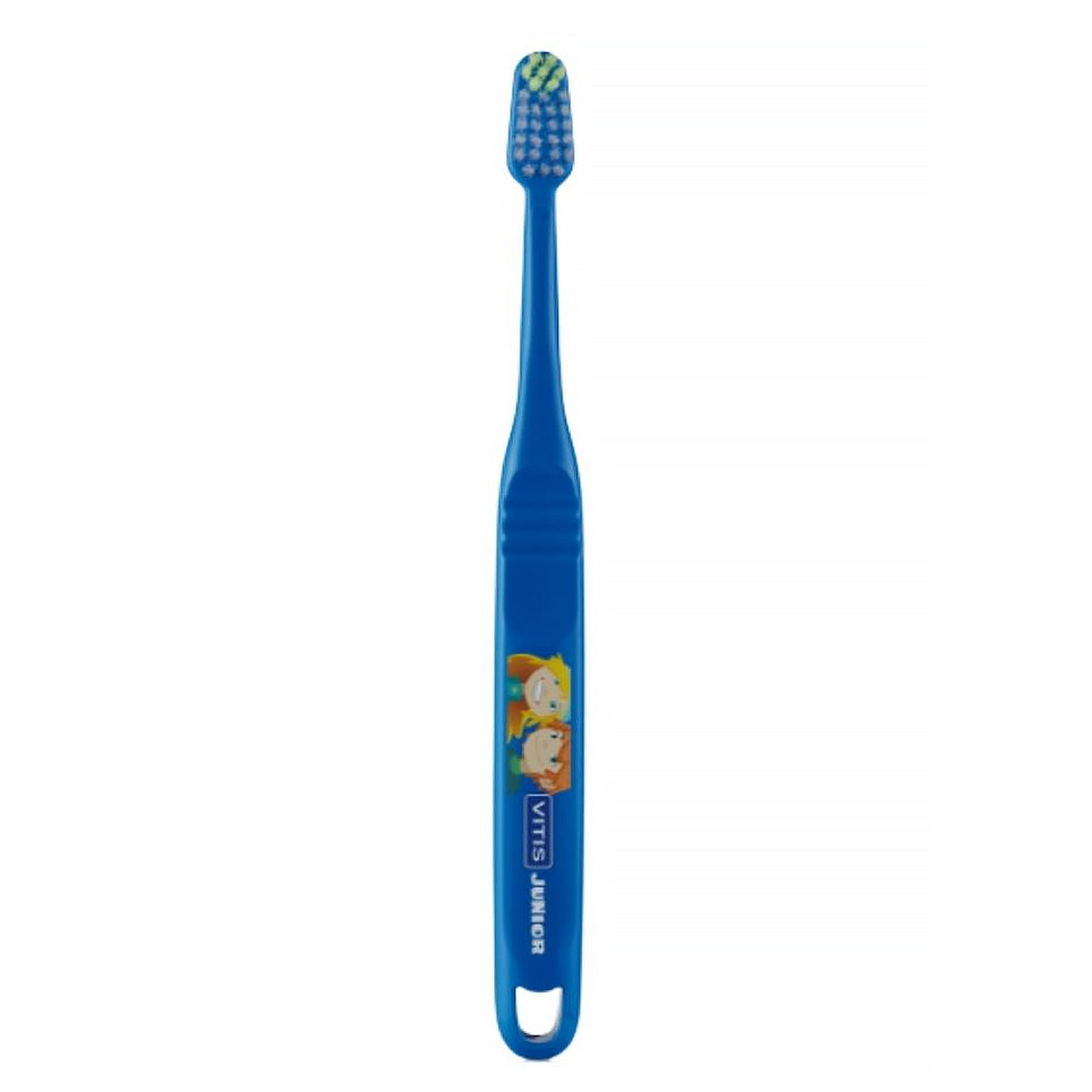 Vitis Junior tandenborstel blauw met kinderillustratie op de steel