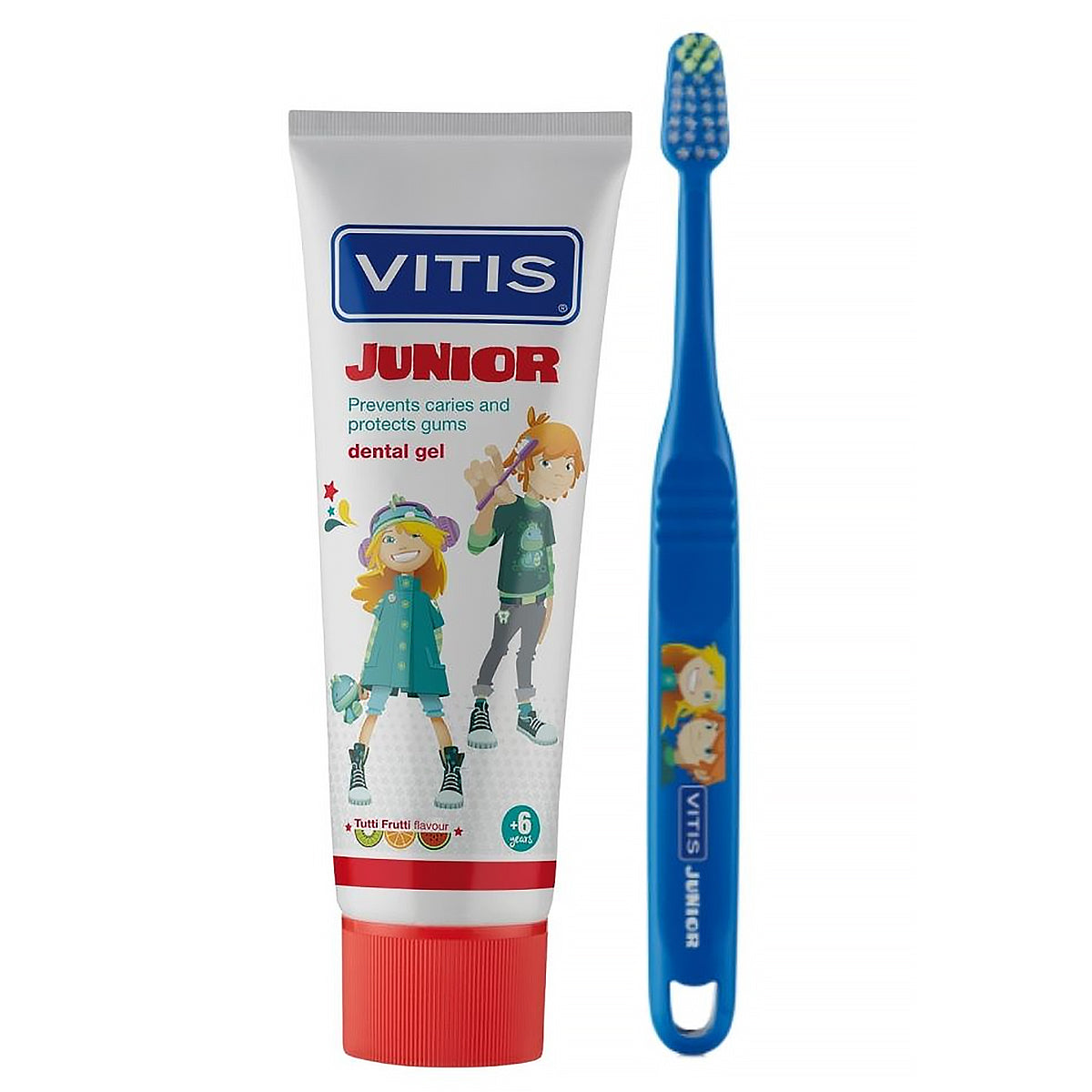Vitis Junior tandenborstel naast Vitis Junior dental gel tube tutti frutti