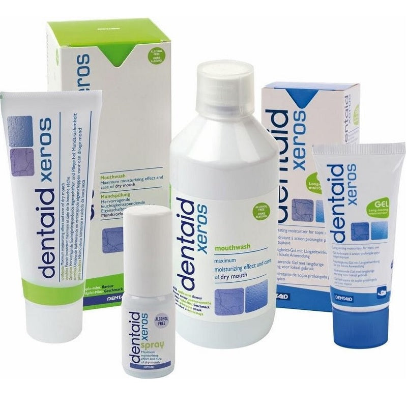 Dentaid Xeros mondspoelmiddel met bijbehorende tandpasta, spray en gel