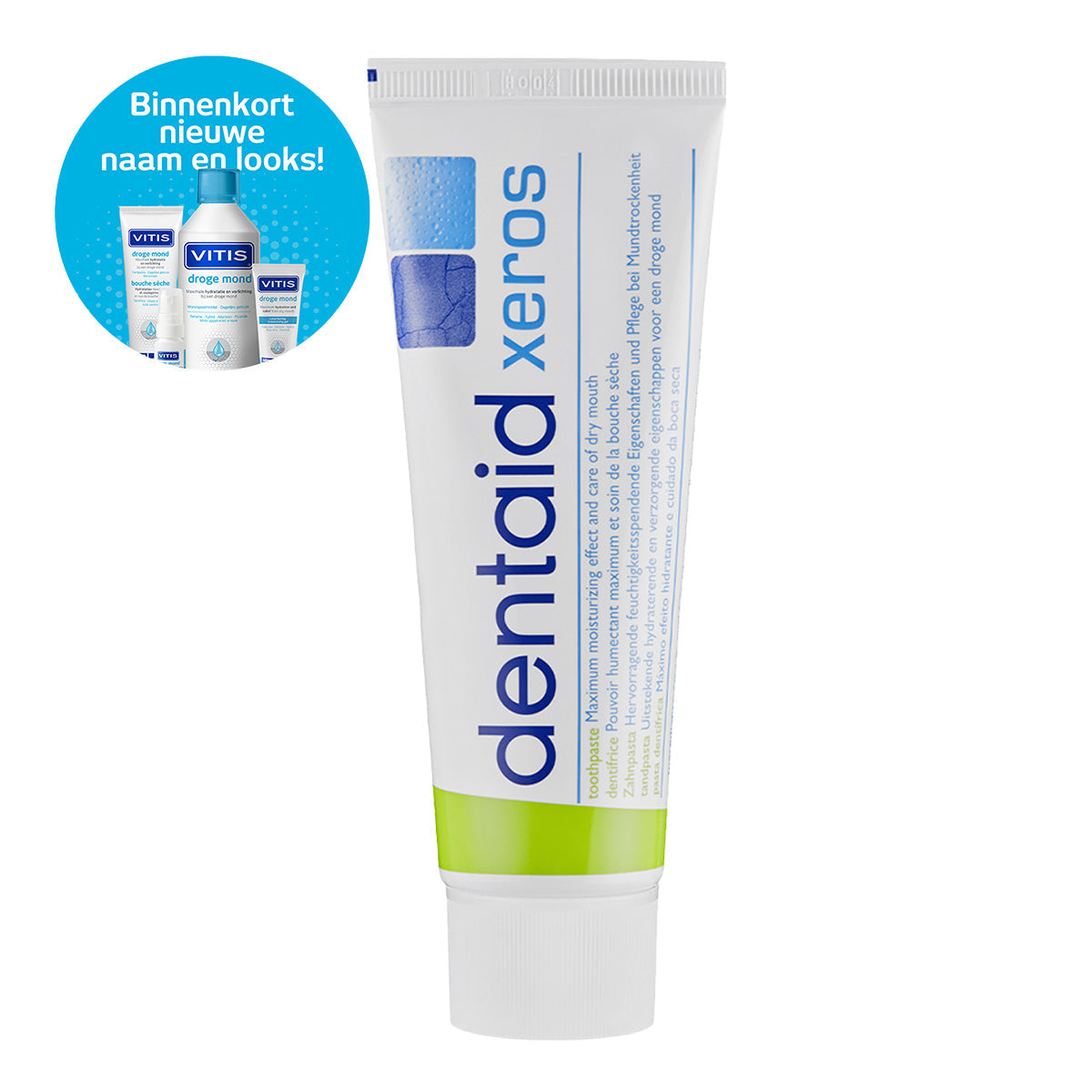 Dentaid Xeros tandpasta tube met melding binnenkort nieuwe naam en look Vitis