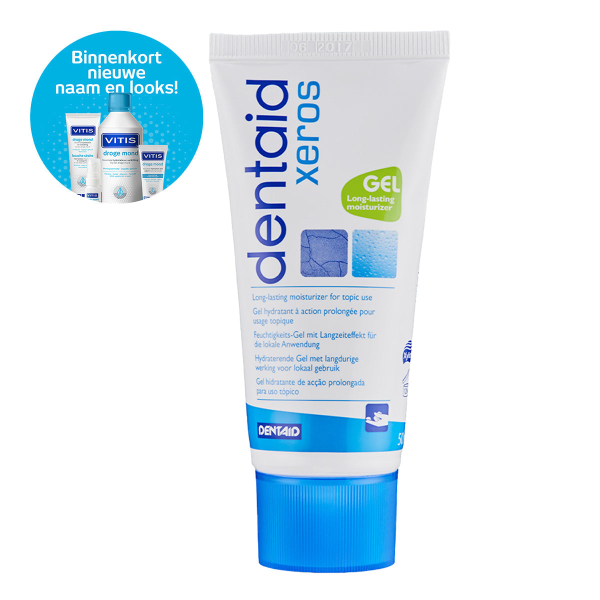 Dentaid Xeros gel tube met blauwe dop en tekstballon nieuwe naam en look