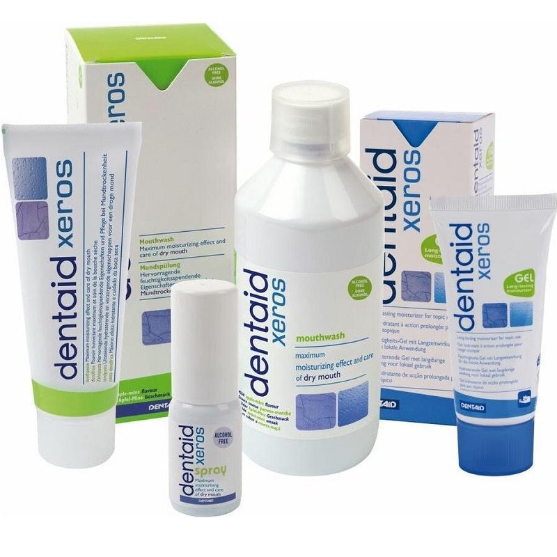 Dentaid Xeros gel volledige productlijn met tandpasta, mondspoeling, spray en gel