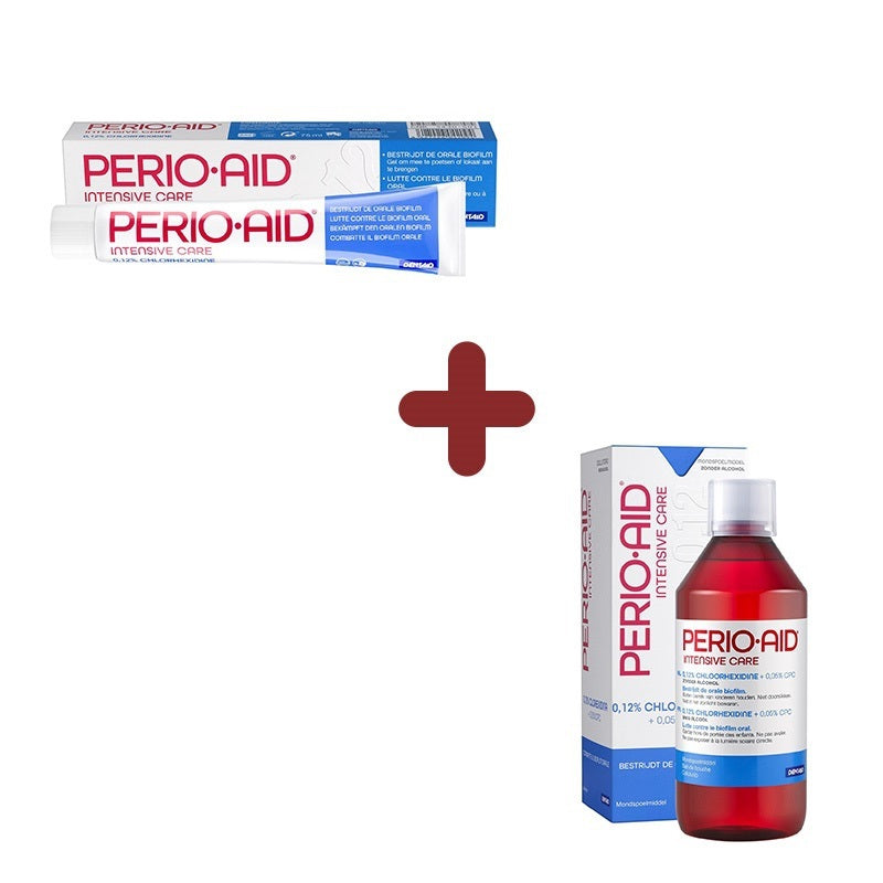 Perio Aid Intensive Care gel en mondspoeling 0,12% voordeelset met plusteken
