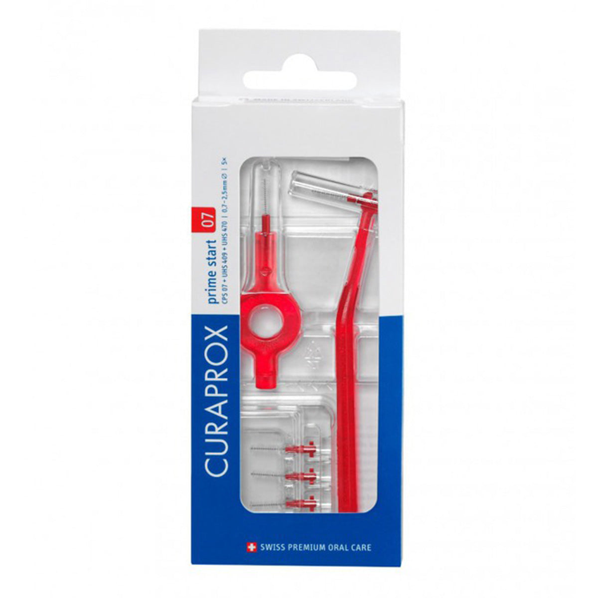 Curaprox CPS 07 Prime Start rood, verpakking met ragers en houder