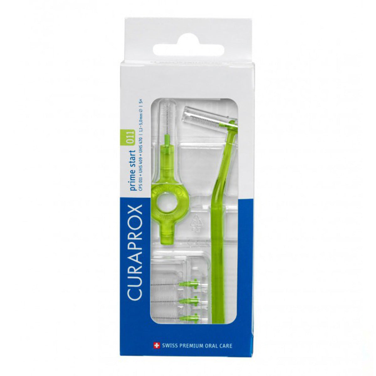 Curaprox CPS 11 Prime Start verpakking met groene ragers en houder