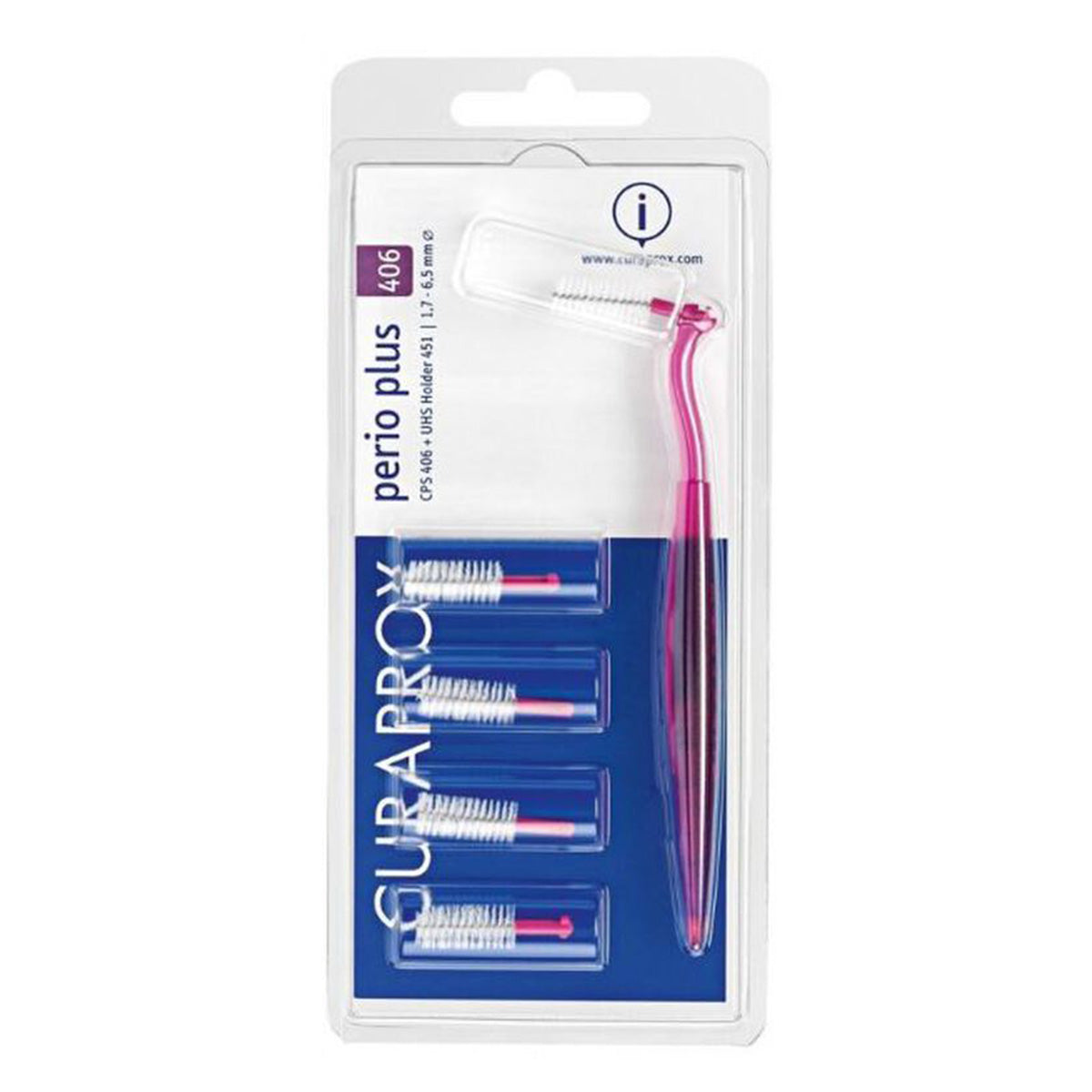 Curaprox CPS 406 Perio Start Fuchsia verpakking met vier ragers en roze houder