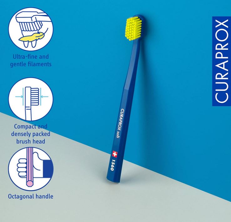 Curaprox Tandenborstel CS 1560 soft met iconen voor filamenten, borstelkop en achthoekig handvat