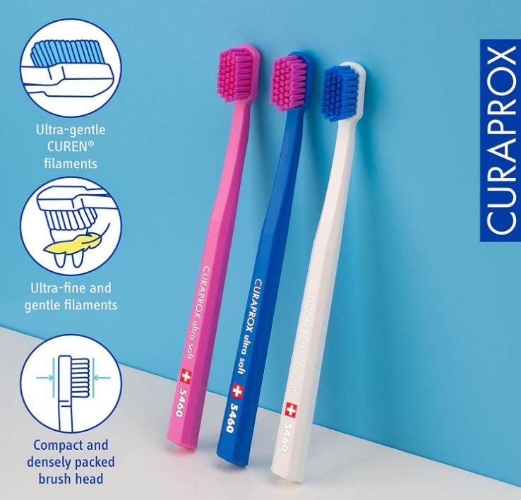 Curaprox Tandenborstel CS 5460 ultra soft in roze, blauw en wit met filamentdetails