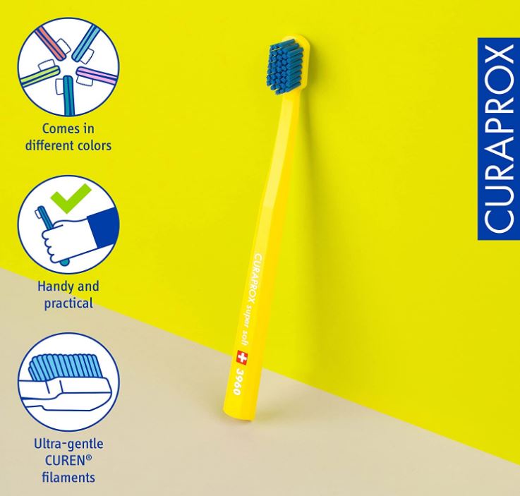 Curaprox Tandenborstel CS 3960 super soft met iconen over kleuren, gebruik en zachte CUREN filamenten