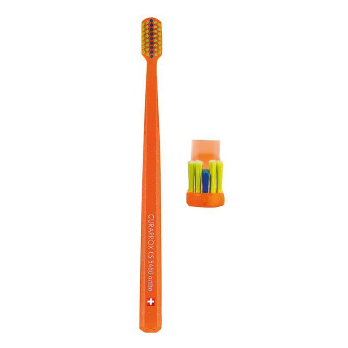Curaprox Tandenborstel CS Ortho ultra soft oranje met detail van geel-groene haarborstel