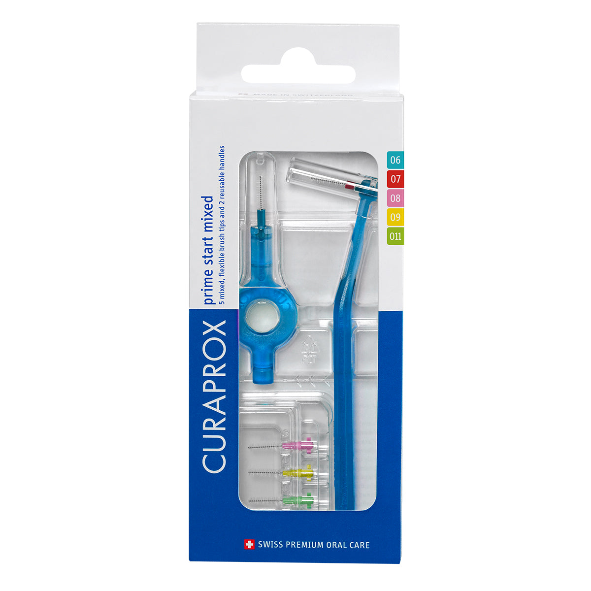 Curaprox CPS Prime Start mixed pack verpakking met ragers en twee handvatten